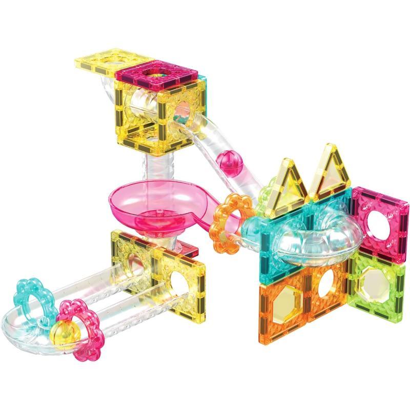PicassoTiles 40pc Mini Diamond Series Magnetic Tile Race Track Set LED Car Travel Size Magnet Block Toy Set Magnetized Building Fine Motor Skill STEM Education Learning Development Kit Ages 3 PTMR4045pc Marble Run