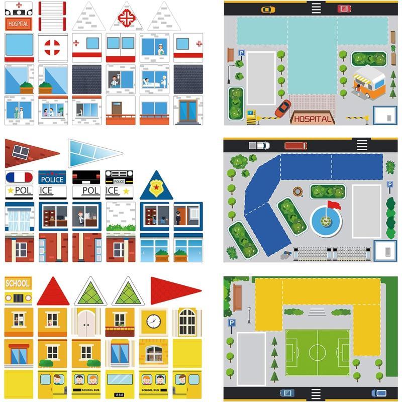 PicassoTiles 80pc School Hospital Police Station 3in1 Theme Magnet Self Adhesive Backing StickOn Puzzle Graphic Kit and Overlay Maps for Magnetic Building Blocks STEM Learning Construction ToySchool Hospital Police Station