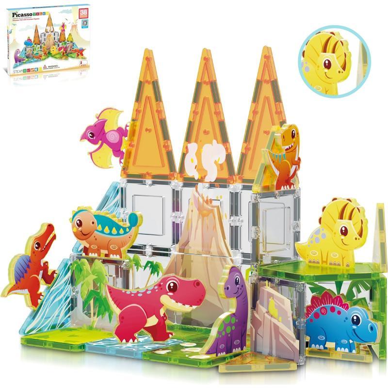 PicassoTiles Magnet Tile Building Blocks Farm Animal Toy Set with 8 Character Action Figures Magnetic Tiles STEM Learning Kit Playset Educational Pretend Play Preschool Toddler Child Kid Age 3 PTQ17Dinosaur