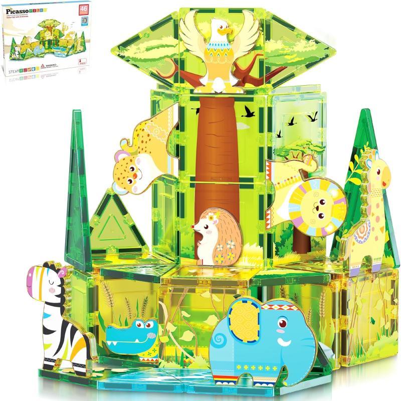 PicassoTiles Magnet Tile Building Blocks Farm Animal Toy Set with 8 Character Action Figures Magnetic Tiles STEM Learning Kit Playset Educational Pretend Play Preschool Toddler Child Kid Age 3 PTQ17Safari