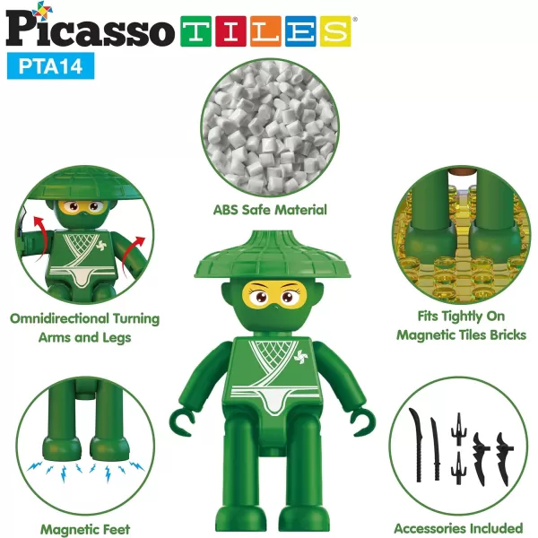 Picasso Toys Magnetic Figures 4 Piece Ninja Character Action Building Block Tiles Toddler Toy Set Magnet Expansion Pack Ages 3 and up Educational STEM Learning Kit Pretend Playset Construction PTA14Ninja