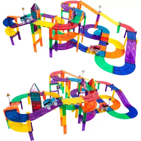 PicassoTiles 100 PCs Race Car Track Set Magnetic Toy Building Block with 2 LED Cars with Height Adjustable Roads Signs Education STEM Building Kit Learning Construction Fun for Boys amp Girls Ages 3PTR100