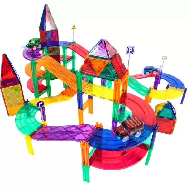 PicassoTiles 100 PCs Race Car Track Set Magnetic Toy Building Block with 2 LED Cars with Height Adjustable Roads Signs Education STEM Building Kit Learning Construction Fun for Boys amp Girls Ages 3PTR128