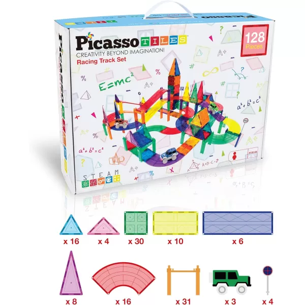 PicassoTiles 100 PCs Race Car Track Set Magnetic Toy Building Block with 2 LED Cars with Height Adjustable Roads Signs Education STEM Building Kit Learning Construction Fun for Boys amp Girls Ages 3PTR128