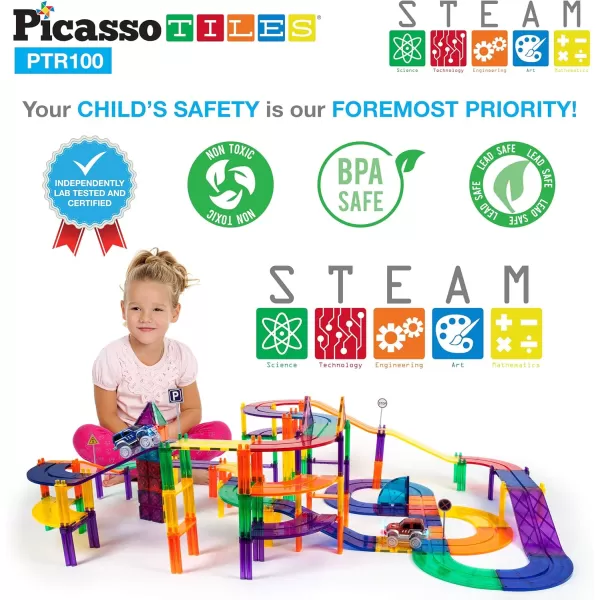 PicassoTiles 100 PCs Race Car Track Set Magnetic Toy Building Block with 2 LED Cars with Height Adjustable Roads Signs Education STEM Building Kit Learning Construction Fun for Boys amp Girls Ages 3PTR100