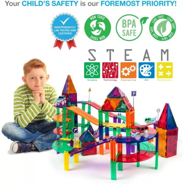 PicassoTiles 100 PCs Race Car Track Set Magnetic Toy Building Block with 2 LED Cars with Height Adjustable Roads Signs Education STEM Building Kit Learning Construction Fun for Boys amp Girls Ages 3PTR128