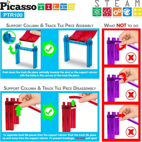 PicassoTiles 100 PCs Race Car Track Set Magnetic Toy Building Block with 2 LED Cars with Height Adjustable Roads Signs Education STEM Building Kit Learning Construction Fun for Boys amp Girls Ages 3PTR100