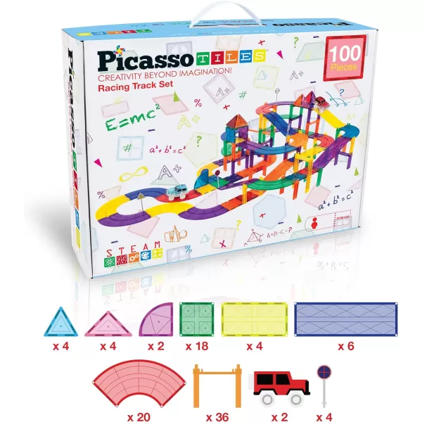 PicassoTiles 100 PCs Race Car Track Set Magnetic Toy Building Block with 2 LED Cars with Height Adjustable Roads Signs Education STEM Building Kit Learning Construction Fun for Boys amp Girls Ages 3PTR100