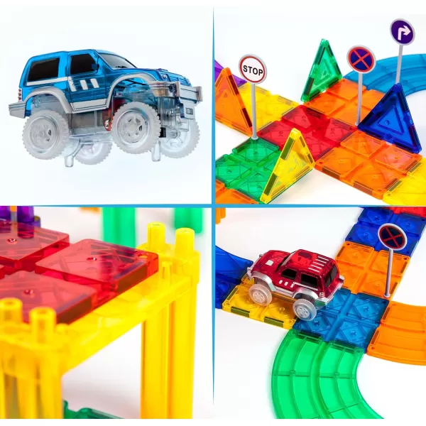 PicassoTiles 100 PCs Race Car Track Set Magnetic Toy Building Block with 2 LED Cars with Height Adjustable Roads Signs Education STEM Building Kit Learning Construction Fun for Boys amp Girls Ages 3PTR128