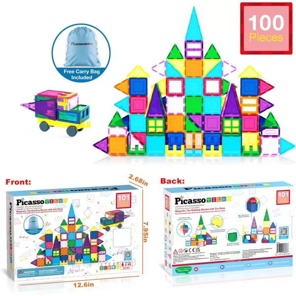 PicassoTiles 101pc Magnetic Tile Building Blocks with Car Base Drawstring Carry Toy Storage Bag Magnetized Block for Kids Magnet ToySet Educational STEM Learning Child Brain Development Ages 3 PC101PicassoTiles 101pc Magnetic Tile Building Blocks with Car Base Drawstring Carry Toy Storage Bag Magnetized Block for Kids Magnet ToySet Educational STEM Learning Child Brain Development Ages 3 PC101