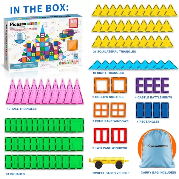 PicassoTiles 101pc Magnetic Tile Building Blocks with Car Base Drawstring Carry Toy Storage Bag Magnetized Block for Kids Magnet ToySet Educational STEM Learning Child Brain Development Ages 3 PC101PicassoTiles 101pc Magnetic Tile Building Blocks with Car Base Drawstring Carry Toy Storage Bag Magnetized Block for Kids Magnet ToySet Educational STEM Learning Child Brain Development Ages 3 PC101