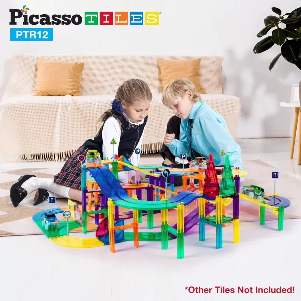 PicassoTiles 12 Piece Race Track AddOn Magnetic Building Block Set Magnet Tiles Construction Toy STEM Learning Kit Early Education Kids Toys Playset Pretend Play Blocks Child Brain Development PTR12PTR12