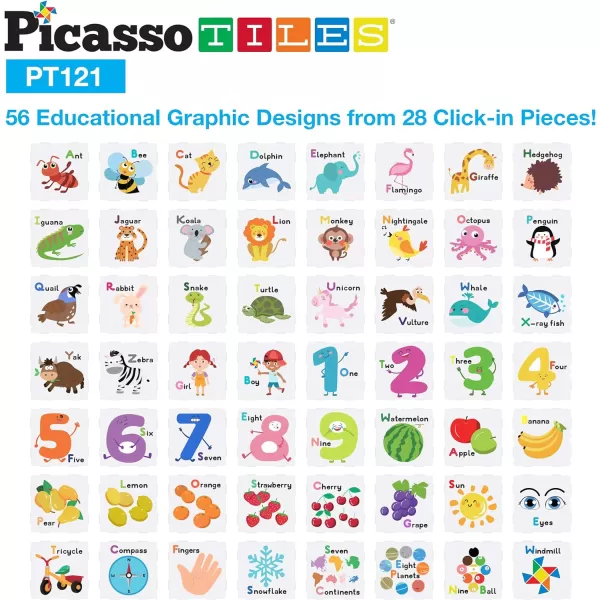 PicassoTiles 121 pc Master Builder Magnetic Building Block Construction Set Magnet Tiles Blocks with Car Truck 2 Character Action Figures 28 Educational Alphabet Animal and Number Graphics Windmill121PC