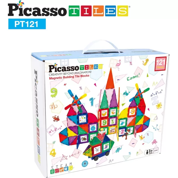 PicassoTiles 121 pc Master Builder Magnetic Building Block Construction Set Magnet Tiles Blocks with Car Truck 2 Character Action Figures 28 Educational Alphabet Animal and Number Graphics Windmill121PC