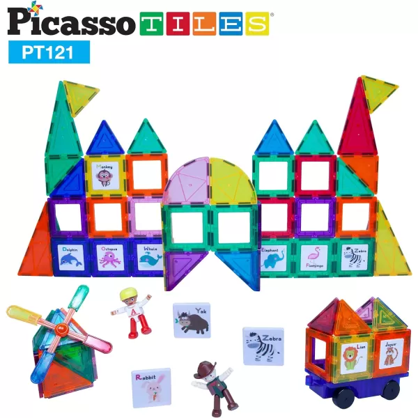PicassoTiles 121 pc Master Builder Magnetic Building Block Construction Set Magnet Tiles Blocks with Car Truck 2 Character Action Figures 28 Educational Alphabet Animal and Number Graphics Windmill121PC