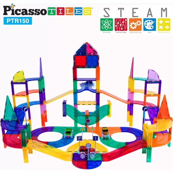 PicassoTiles 150 Piece Race Car Track Building Block Educational Toy Set Magnet Tile Magnetic Blocks Playset 4 Cars Early STEM Learning Construction Kit HandEye Fine Motor Skill Brain Training PTR150PicassoTiles 150 Piece Race Car Track Building Block Educational Toy Set Magnet Tile Magnetic Blocks Playset 4 Cars Early STEM Learning Construction Kit HandEye Fine Motor Skill Brain Training PTR150