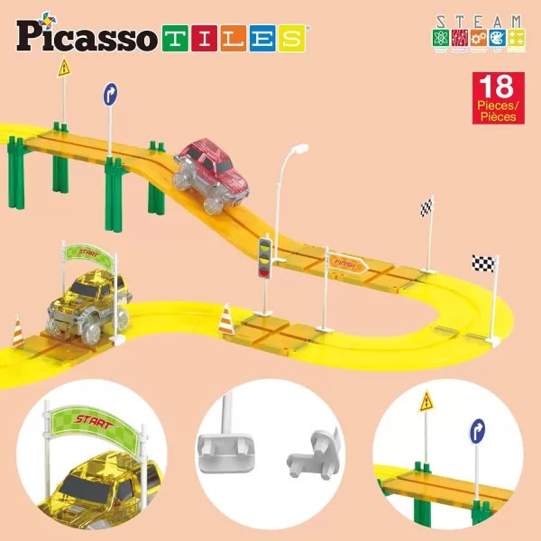 PicassoTiles 18pc Magnet Tile Compatible Building Race Track Kit Traffic Sign Accessory Stabilizers with Sticker Set STEM Educational Magnets Toddler Racecourse Structure Blocks Add On Ages 3 PTR01PicassoTiles 18pc Magnet Tile Compatible Building Race Track Kit Traffic Sign Accessory Stabilizers with Sticker Set STEM Educational Magnets Toddler Racecourse Structure Blocks Add On Ages 3 PTR01