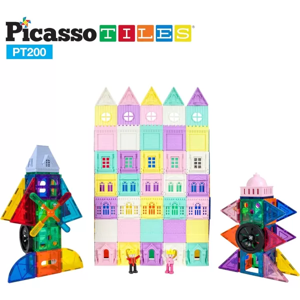 PicassoTiles 200 PCs Magnetic Tiles Castle Theme with 2 Figures Character Car and Windmill Set STEM Educational Playset for Kids Multicolor Toy Magnet Building Block for Boys and Girls Ages 3PT200