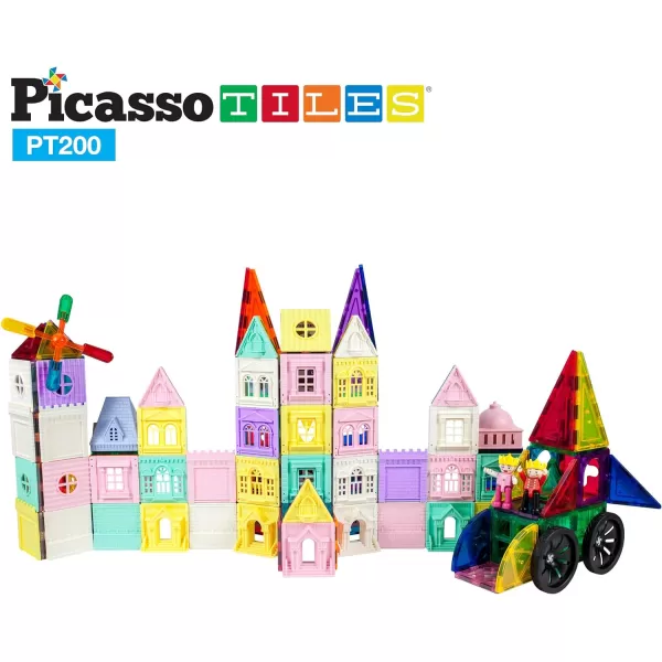PicassoTiles 200 PCs Magnetic Tiles Castle Theme with 2 Figures Character Car and Windmill Set STEM Educational Playset for Kids Multicolor Toy Magnet Building Block for Boys and Girls Ages 3PT200