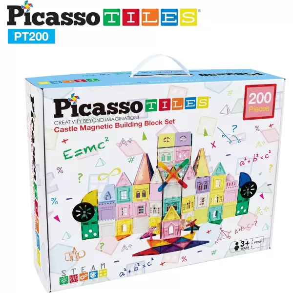 PicassoTiles 200 PCs Magnetic Tiles Castle Theme with 2 Figures Character Car and Windmill Set STEM Educational Playset for Kids Multicolor Toy Magnet Building Block for Boys and Girls Ages 3PT200