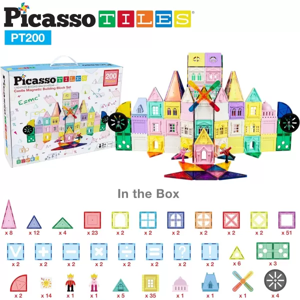 PicassoTiles 200 PCs Magnetic Tiles Castle Theme with 2 Figures Character Car and Windmill Set STEM Educational Playset for Kids Multicolor Toy Magnet Building Block for Boys and Girls Ages 3PT200