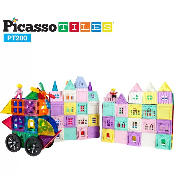 PicassoTiles 200 PCs Magnetic Tiles Castle Theme with 2 Figures Character Car and Windmill Set STEM Educational Playset for Kids Multicolor Toy Magnet Building Block for Boys and Girls Ages 3PT200