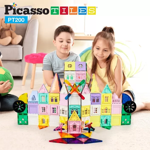 PicassoTiles 200 PCs Magnetic Tiles Castle Theme with 2 Figures Character Car and Windmill Set STEM Educational Playset for Kids Multicolor Toy Magnet Building Block for Boys and Girls Ages 3PT200