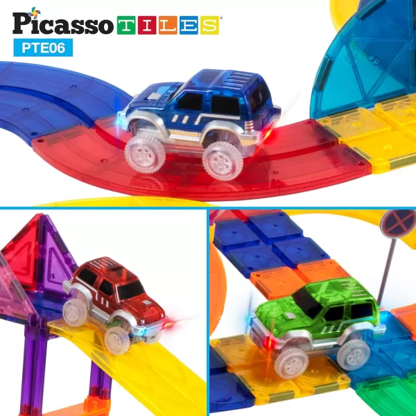 PicassoTiles 3 pcs Magnetic Toy Car Set Light Up LED Highly Detailed Compatible with Magnet Race Track STEM Truck Replacement Accessories Educational Building Kits for Toddlers Boys amp Girls Ages 3PTE06