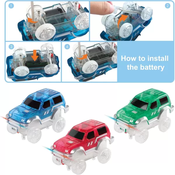 PicassoTiles 3 pcs Magnetic Toy Car Set Light Up LED Highly Detailed Compatible with Magnet Race Track STEM Truck Replacement Accessories Educational Building Kits for Toddlers Boys amp Girls Ages 3PTE06