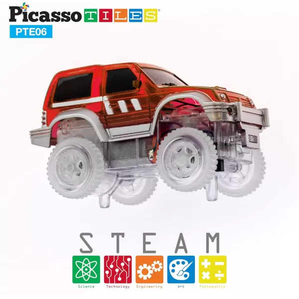 PicassoTiles 3 pcs Magnetic Toy Car Set Light Up LED Highly Detailed Compatible with Magnet Race Track STEM Truck Replacement Accessories Educational Building Kits for Toddlers Boys amp Girls Ages 3PTE06