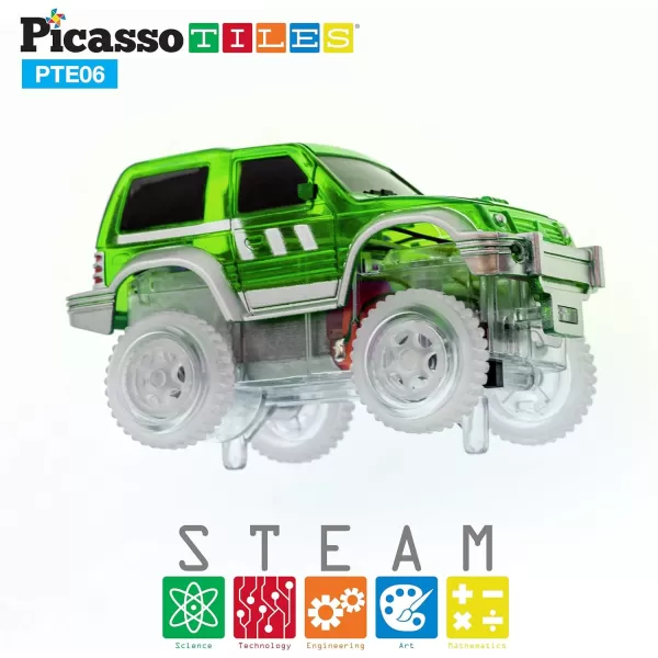 PicassoTiles 3 pcs Magnetic Toy Car Set Light Up LED Highly Detailed Compatible with Magnet Race Track STEM Truck Replacement Accessories Educational Building Kits for Toddlers Boys amp Girls Ages 3PTE06