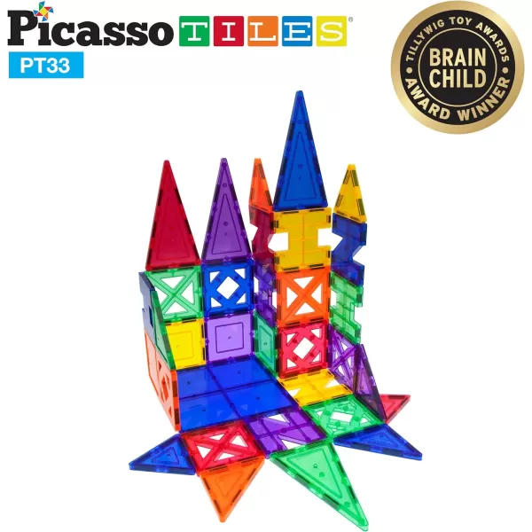 PicassoTiles 33PCs Educational Set Magnetic Building Tiles with Unique Shapes amp Clear Box Tile 3D Magnet Construction Block Different Shapes Connects with Other Figure for Boys amp Girls Ages 3PT33