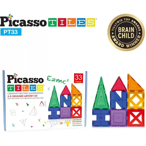 PicassoTiles 33PCs Educational Set Magnetic Building Tiles with Unique Shapes amp Clear Box Tile 3D Magnet Construction Block Different Shapes Connects with Other Figure for Boys amp Girls Ages 3PT33