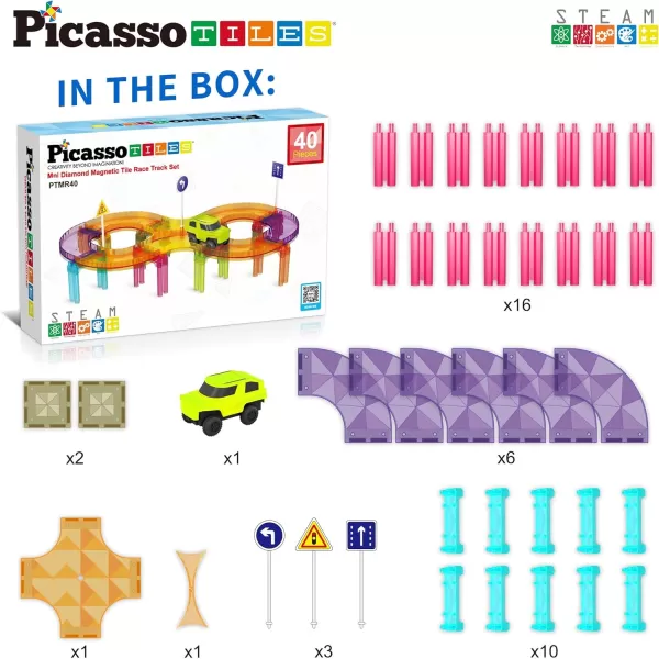 PicassoTiles 40pc Mini Diamond Series Magnetic Tile Race Track Set LED Car Travel Size Magnet Block Toy Set Magnetized Building Fine Motor Skill STEM Education Learning Development Kit Ages 3 PTMR40PTMR40