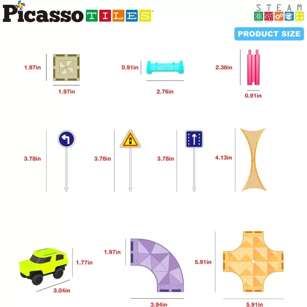 PicassoTiles 40pc Mini Diamond Series Magnetic Tile Race Track Set LED Car Travel Size Magnet Block Toy Set Magnetized Building Fine Motor Skill STEM Education Learning Development Kit Ages 3 PTMR40PTMR40