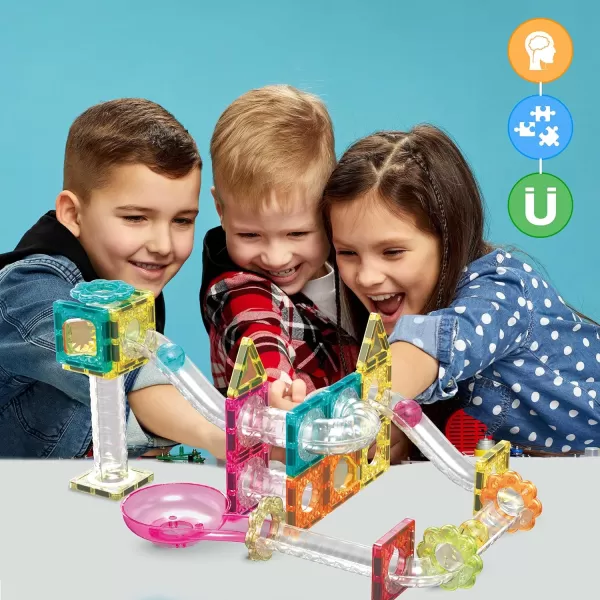 PicassoTiles 40pc Mini Diamond Series Magnetic Tile Race Track Set LED Car Travel Size Magnet Block Toy Set Magnetized Building Fine Motor Skill STEM Education Learning Development Kit Ages 3 PTMR4045pc Marble Run