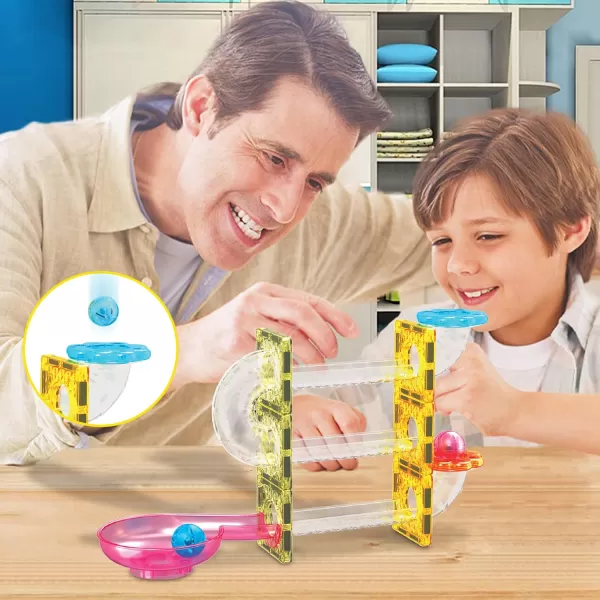 PicassoTiles 40pc Mini Diamond Series Magnetic Tile Race Track Set LED Car Travel Size Magnet Block Toy Set Magnetized Building Fine Motor Skill STEM Education Learning Development Kit Ages 3 PTMR4045pc Marble Run