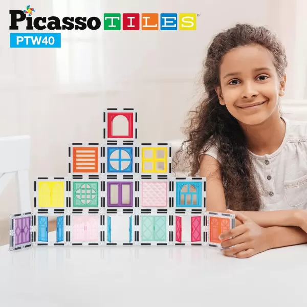 PicassoTiles 40pcs Magnetic Tile Clipin Window and Door Expansion Set Magnetic Block Addons Magnet Building Construction Toys STEM Education Learning Stacking Block Toddler Boys amp Girls40PC