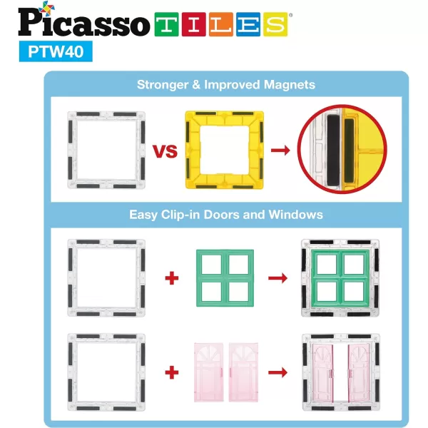 PicassoTiles 40pcs Magnetic Tile Clipin Window and Door Expansion Set Magnetic Block Addons Magnet Building Construction Toys STEM Education Learning Stacking Block Toddler Boys amp Girls40PC