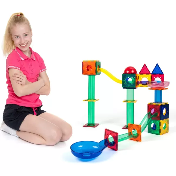 PicassoTiles 70 PCs Marble Run Maze Race Track Magnetic Tiles Magnet Building Block Educational Construction Toy Playset STEM Learning Kit Child Brain Development Hand Eye Coordination Training PTG70PTG70