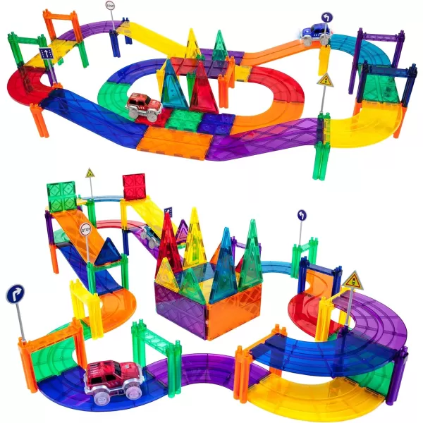 PicassoTiles 80 Piece Race Car Track Building Block Educational Toy Set Magnetic Tiles Magnet DIY Playset 2 Light Up Car STEM Learning Construction Kit HandEye Coordination Fine Motor Skill TrainingPTR80