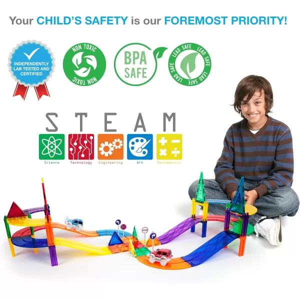 PicassoTiles 80 Piece Race Car Track Building Block Educational Toy Set Magnetic Tiles Magnet DIY Playset 2 Light Up Car STEM Learning Construction Kit HandEye Coordination Fine Motor Skill TrainingPTR80