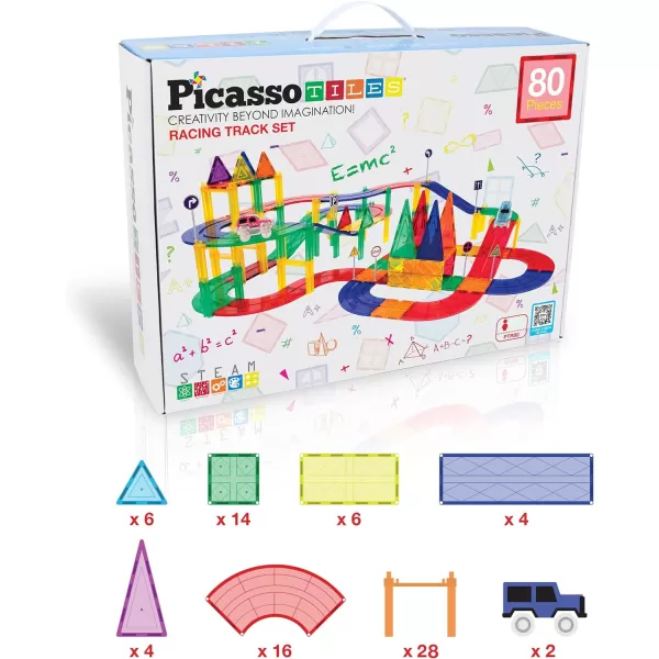 PicassoTiles 80 Piece Race Car Track Building Block Educational Toy Set Magnetic Tiles Magnet DIY Playset 2 Light Up Car STEM Learning Construction Kit HandEye Coordination Fine Motor Skill TrainingPTR80