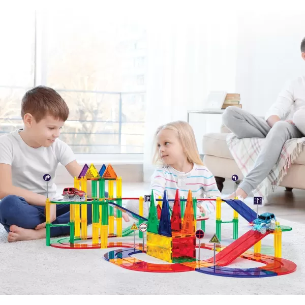 PicassoTiles 80 Piece Race Car Track Building Block Educational Toy Set Magnetic Tiles Magnet DIY Playset 2 Light Up Car STEM Learning Construction Kit HandEye Coordination Fine Motor Skill TrainingPTR80