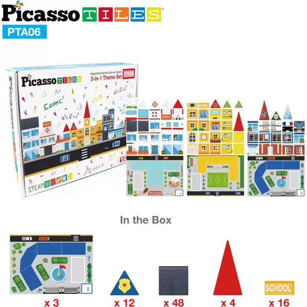 PicassoTiles 80pc School Hospital Police Station 3in1 Theme Magnet Self Adhesive Backing StickOn Puzzle Graphic Kit and Overlay Maps for Magnetic Building Blocks STEM Learning Construction ToySchool Hospital Police Station