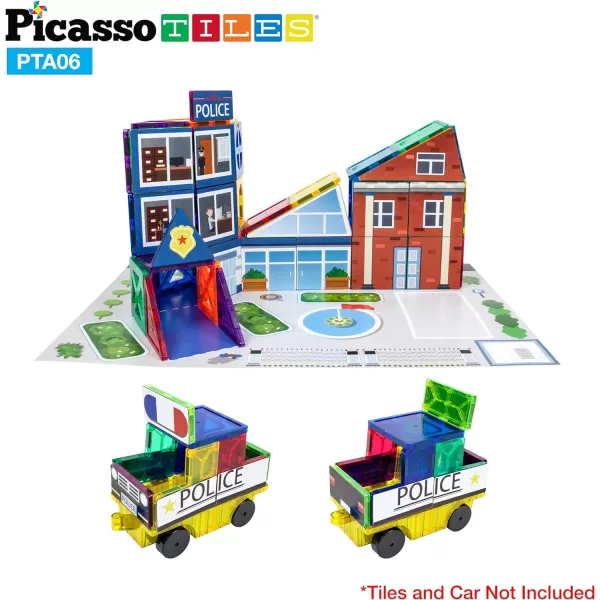 PicassoTiles 80pc School Hospital Police Station 3in1 Theme Magnet Self Adhesive Backing StickOn Puzzle Graphic Kit and Overlay Maps for Magnetic Building Blocks STEM Learning Construction ToySchool Hospital Police Station