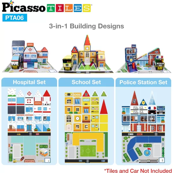 PicassoTiles 80pc School Hospital Police Station 3in1 Theme Magnet Self Adhesive Backing StickOn Puzzle Graphic Kit and Overlay Maps for Magnetic Building Blocks STEM Learning Construction ToySchool Hospital Police Station