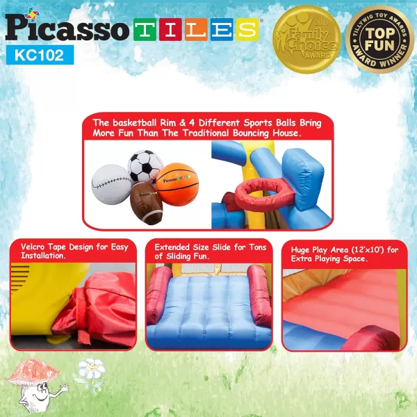 PicassoTiles Inflatable Bouncer House  Magnetic Building Block Jump Slide Dunk Playhouse wBasketball Rim 4 Sports Balls 2 Character Figures 9 Tile Styles STEM Learning Magnets Playset Age 3PicassoTiles Inflatable Bouncer House  Magnetic Building Block Jump Slide Dunk Playhouse wBasketball Rim 4 Sports Balls 2 Character Figures 9 Tile Styles STEM Learning Magnets Playset Age 3