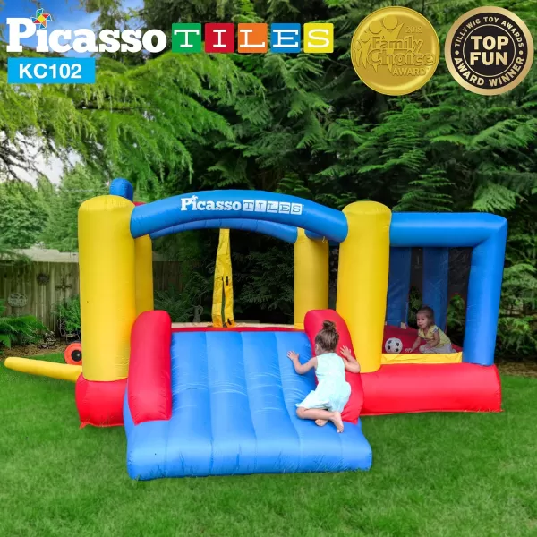 PicassoTiles Inflatable Bouncer House  Magnetic Building Block Jump Slide Dunk Playhouse wBasketball Rim 4 Sports Balls 2 Character Figures 9 Tile Styles STEM Learning Magnets Playset Age 3PicassoTiles Inflatable Bouncer House  Magnetic Building Block Jump Slide Dunk Playhouse wBasketball Rim 4 Sports Balls 2 Character Figures 9 Tile Styles STEM Learning Magnets Playset Age 3