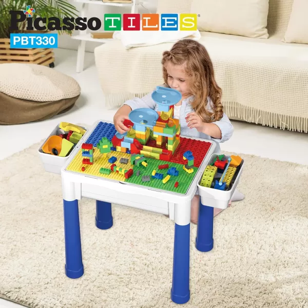 PicassoTiles Kids Activity Center Play Table amp Study Desk Set Sandbox Water Tight Container Storage Allin1 STEM Toy Kit Playset with 331pc Dual Size Building Bricks Construction Blocks Marble RunPBT330